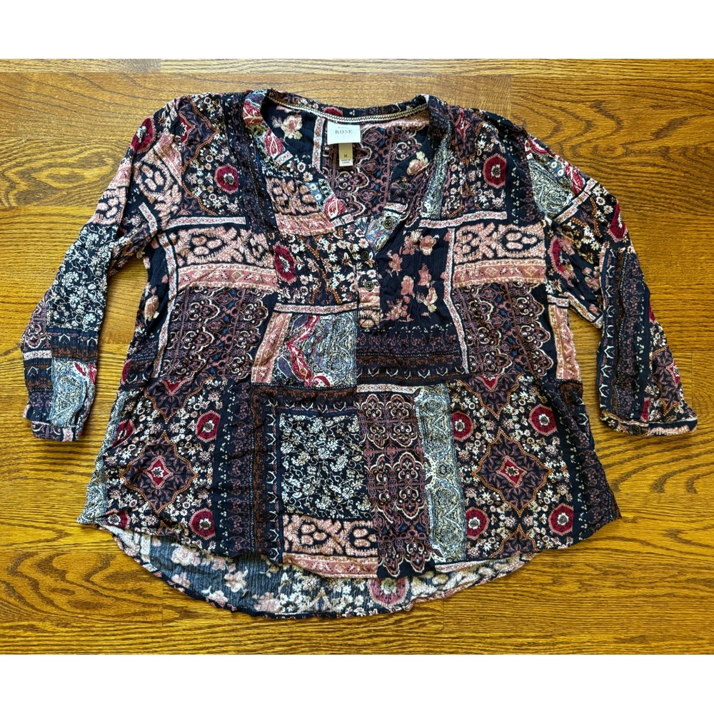 Knox Rose Womens Medium Boho Patchwork Paisley Floral Blouse Navy Burgundy